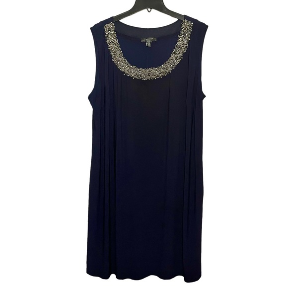 R & M Richards Mother of Bride Navy Blue Short Dress with Silver Beaded Neckline - Picture 6 of 9